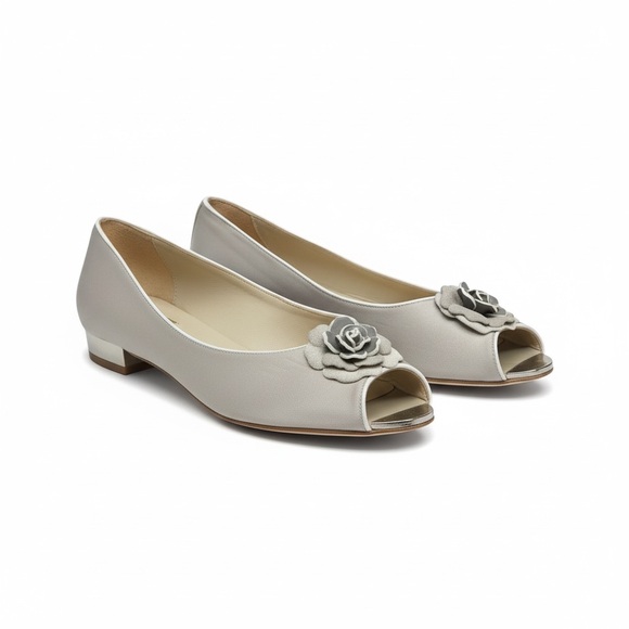 R&Renzi Shoes - R & Renzi ❁ Mirror Peep Toe Flats with Camellia ❁ Silver Graphite ❁ 38 7.5M 8M ❁